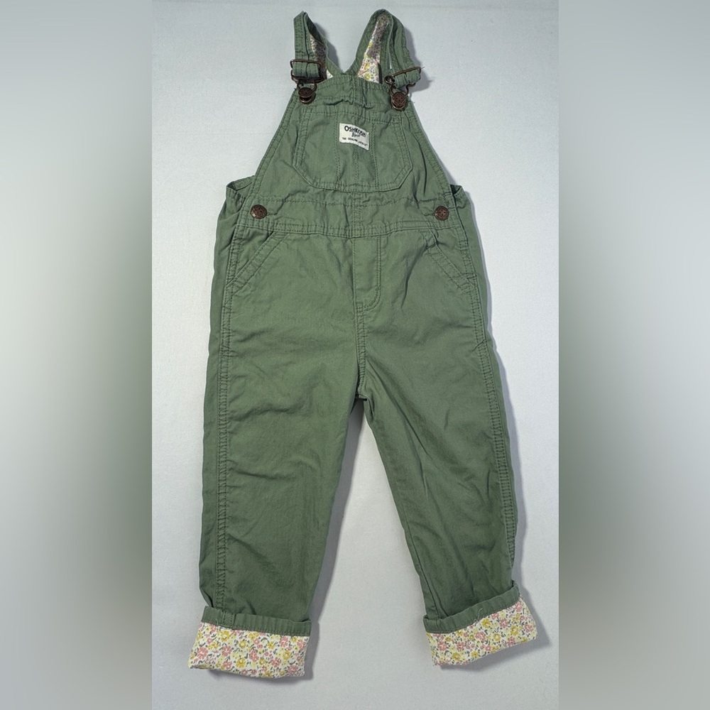 Oshkosh Floral Overalls Green Lightweight Canvas Pants Bottoms Girls 3T - Picture 6 of 13